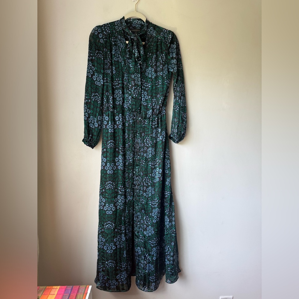 Banana Republic Olivia Palermo Green & Blue Floral Neck-Tie Maxi Shirtdress S - Picture 5 of 8